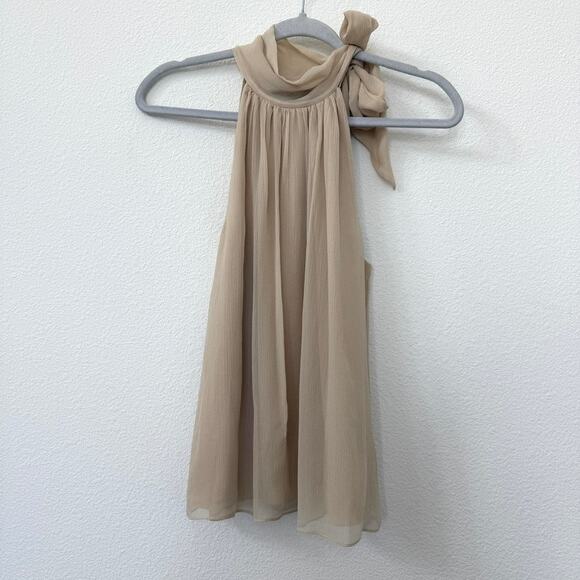 THEORY Halter Bow Top Silk Crinkle Sleeveless Tan Minimalist Size S - Picture 1 of 6